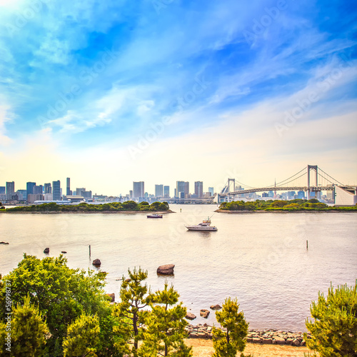 Board z aluminiowym obramowaniem Tokio skyline, tęczowy most i zatokę odaiba. 