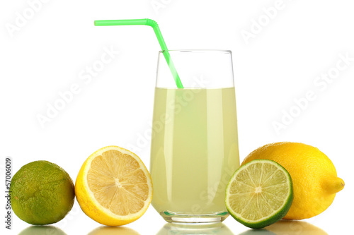 Fototapeta na wymiar Delicious lemon juice in glass and limes and lemons next to it
