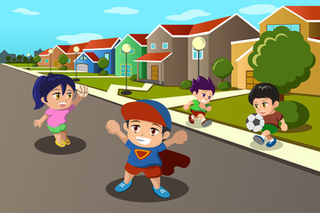 Sticker - Kids playing in the street of a suburban neighborhood