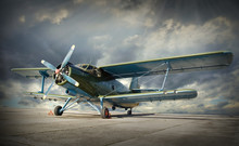 Retro Style Picture Of The Biplane. Transportation Theme.