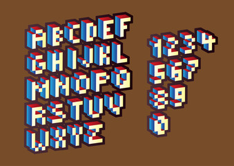 3D pixel alphabet letters and numbers - illustration