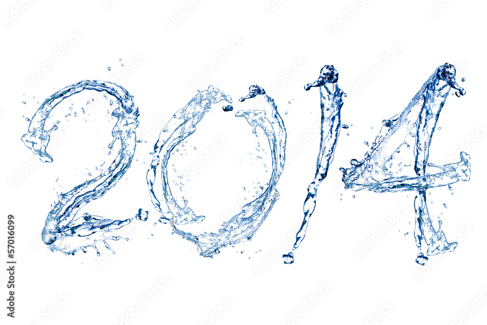 Happy New Year 2014 by water drop - obrazy, fototapety, plakaty 