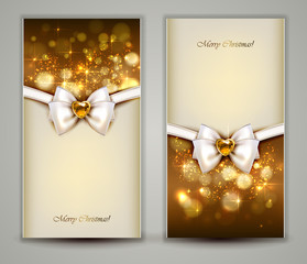 Two elegant Christmas greeting cards with bow and jewelry.