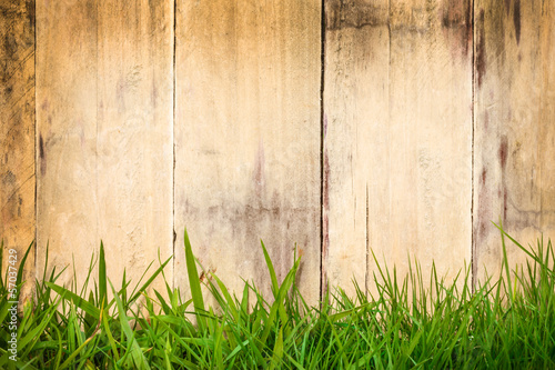 Fototapeta na wymiar Old wooden planks with green grass in front