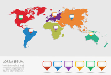 Poster - World map, geo position pointers infographics EPS10 file.