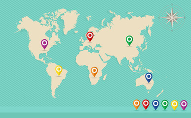 Poster - World map, geo position pins, wind rose EPS10 vector file.