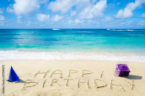 Sign "Happy Birthday" on the sandy beach Poster