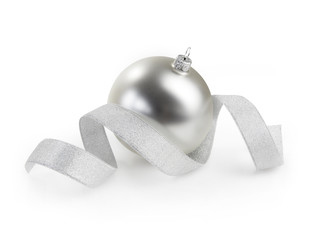 Wall Mural - silver christmas ball with ribbon