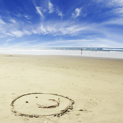 Wall Mural - Happy face on sand at beach. Happiness