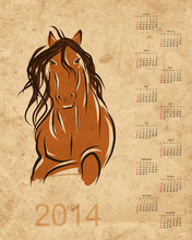 Calendar 2014, Horse Sketch On Grunge Paper