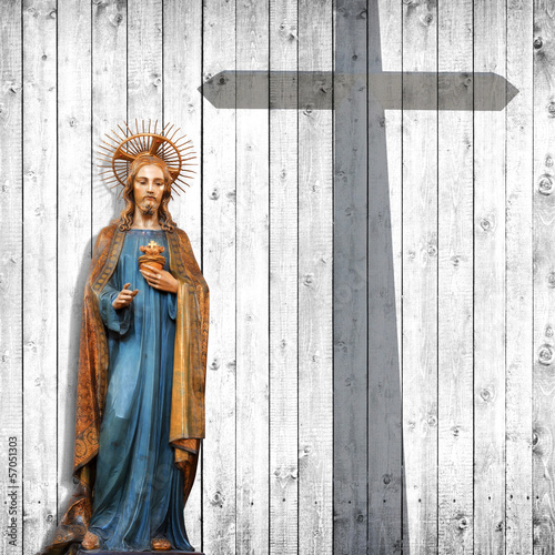 Fotoboard na płycie Jezus Chrystus statua, krzyż, drewniane tła