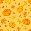 Seamless pattern with pumpkins and autumn leaves. Vector.