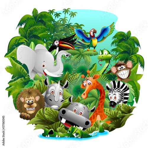 Obraz w ramie Wild Animals Cartoon on Jungle-Animali Selvaggi nella Giungla