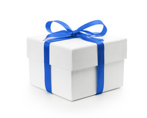 white textured gift box with blue ribbon bow