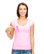 © Syda Productions - woman in blank t-shirt with pink cancer ribbon