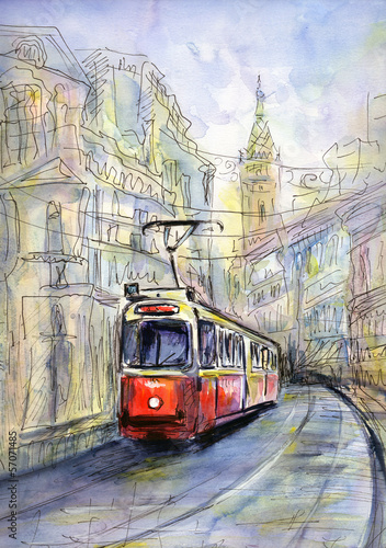 stary-czerwony-tramwaj-w-centrum-miasta-akwarela