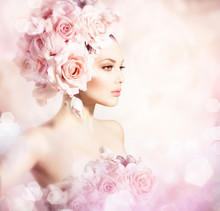 Fashion Beauty Model Girl With Flowers Hair. Bride