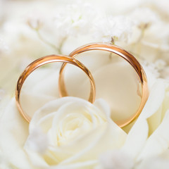 Gold wedding rings of the groom and the bride on a bunch of flow