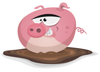 Fototapete - Toon Pig Wash In Pond Bath