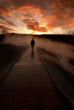 Sunrise Yellowstone Geysers With Man Silhouetted