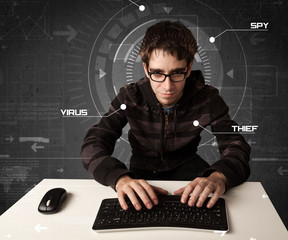 Fototapete - Young hacker in futuristic enviroment hacking personal informati