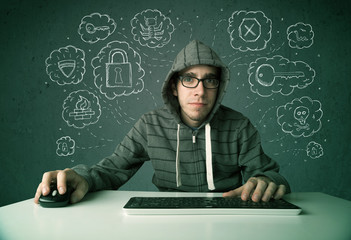 Fototapete - Young nerd hacker with virus and hacking thoughts