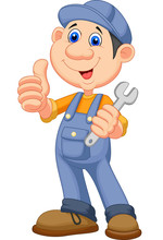 Cute Mechanic Cartoon Holding Wrench And Giving Thumbs Up