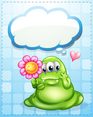 Poster - A fat green monster holding a flower with an empty callout