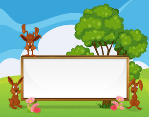 Poster - Rabbits playing near the empty wooden signboard