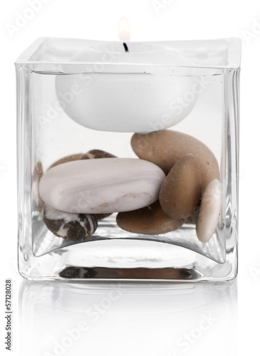 Decorative Vase With Candle Water And Stones Isolated On White