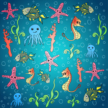Marine Animals Cute Cartoon Seamless Pattern. EPS 10