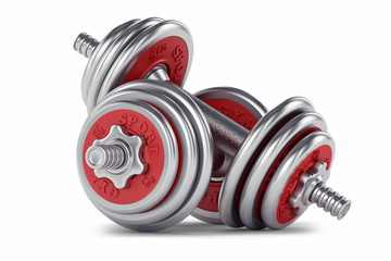 Chrome, red dumbbell for fitness