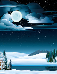 Wall Mural - Winter landscape with lake and full moon.