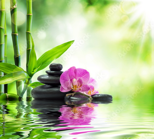 Naklejka na szybę Background spa - orchids black stones and bamboo on water