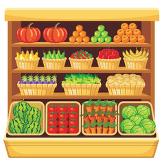 Supermarket. Vegetables and fruits.