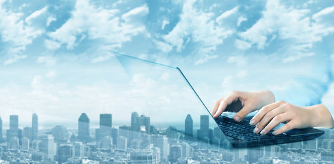 Aufkleber - Hands with laptop computer keyboard.