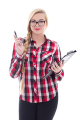 attractive schoolgirl in eyeglasses with folder in her hand isol