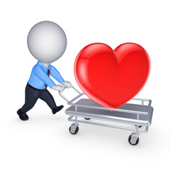 Poster - 3d person with red heart on pushcart.