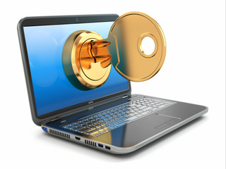Poster - Internet security concept. Key and laptop.