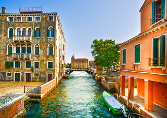 Wall Mural - Venice cityscape, boats, water canal, bridge and traditional bui