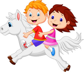 Wall Mural - Boy and girl riding a pony horse