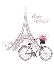 Bonjour Paris Text With Eiffel Tower And Bicycle