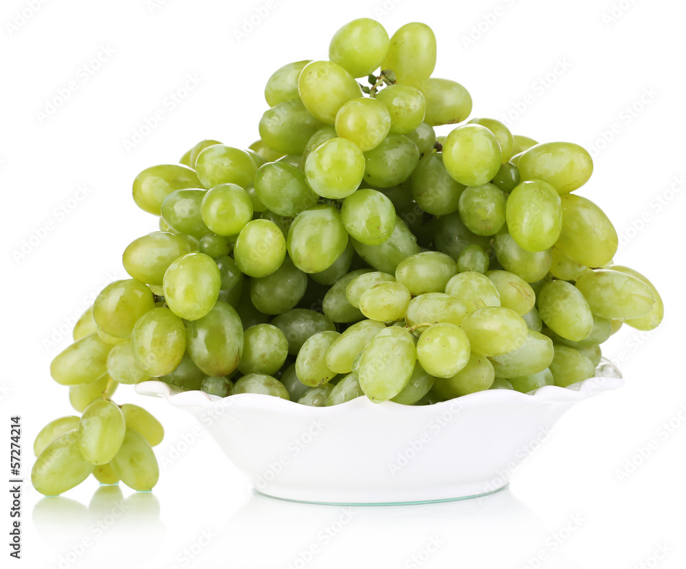 Ripe green grapes on plate isolated on white