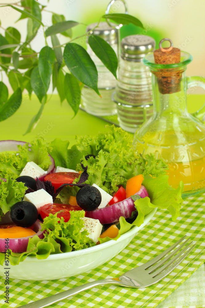 Greek salad on plate on table close-up