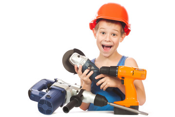 little boy with power tool kit