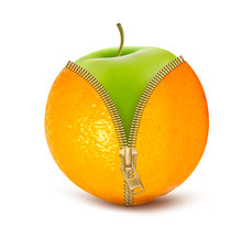 Unzipped Orange With Green Apple. Fruit And Diet Against Celluli