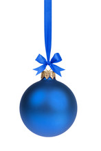 Single Simple Blue Christmas Ball Hanging On Ribbon
