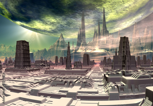 Obraz w ramie Futuristic Alien City - Computer Artwork