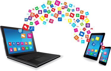 Wall Mural - laptop, tablet pc and smart phone with apps
