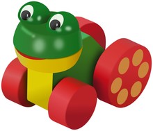 Green Wooden Frog Toy On Red Wheels